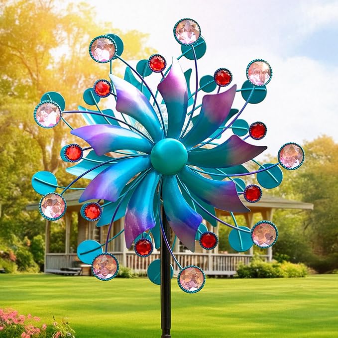 360°Solar Wind Spinner with Lights Blue Metal Garden Outdoor Decor Yard Lawn Art Decor for Patio Kinetic Windmills Unique Gifts for Friends and Family 60.63'' H x 13.38'' Dia-CasaMuseHome
