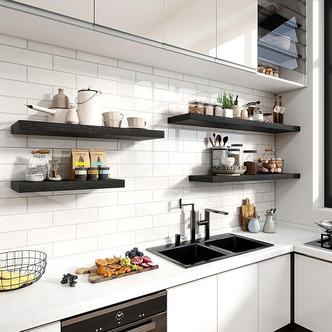 12 Inch Deep Floating Shelves, 24 Inch Long Floating Shelves for Wall, Floating Shelf with Invisible Brackets, Deep Shelves for Bathroom, Bedroom, Living Room, 2 Pack, Black-CasaMuseHome