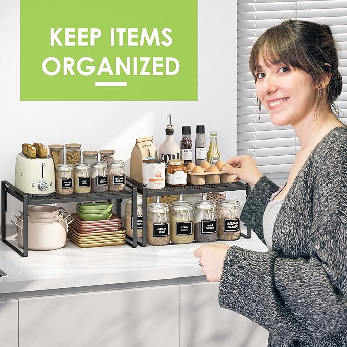 2 Pack Kitchen Countertop Organizer, Stackable Cabinet Shelf Organizer, 2 Tier Adjustable Kitchen Counter Shelves Riser For Pantry Cupboard Bathroom Organization And Storage, Desk Shelf,Spice Rack-CasaMuseHome