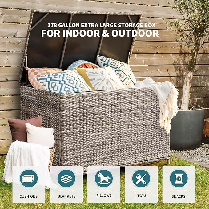 178 Gallon Outdoor Storage Box, Patio Deck Box with 2 Wheels, Handle Large Portable Wicker Rattan Deck Box for Patio Furniture Cushions, Throw Pillows, Garden Tools and Pool Floats (Gray)-CasaMuseHome
