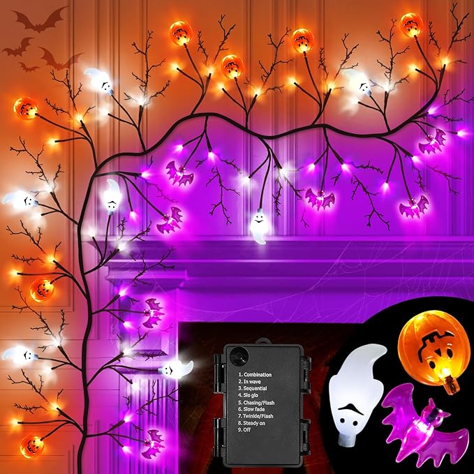 7 Ft 63 LED Halloween Willow Vine Twig Garland with 8 Modes Timer Orange Purple White Lights,7 Pumpkin Bat Ghost, Garland with Battery Operated for Wall Fireplace Halloween Decorations-CasaMuseHome