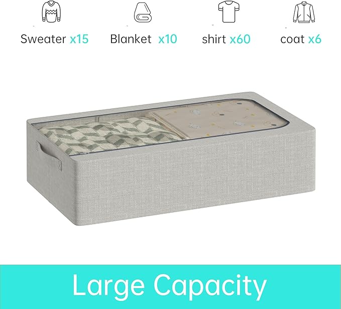 3PCS Under Bed Storage Bins with Metal Frame, Linen Fabric Frame Storage Box Clothes Organizer Bins, Underbed Container with Clear Window (Light Grey, 15.7 x 13 x 6IN)-CasaMuseHome
