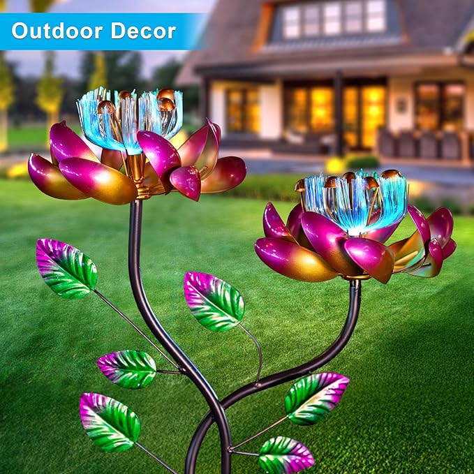 55'' Solar Powered Kinetic Wind Spinner Sculpture Pink Lotus Metal Stake Spinner for Patio, Lawn and Garden Decor Weather-Resistant Outdoor Art with Dual Lotus Design-CasaMuseHome