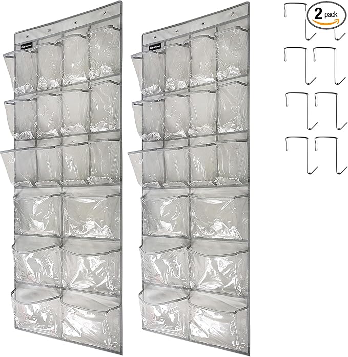 2 Pack Extra Large Hanging Crystal Clear Over Door Shoe Organizers, Closet Shoe Rack Organizer, 12+6 Pockets, 8 Hooks, Grey (59" x 21.6")-CasaMuseHome