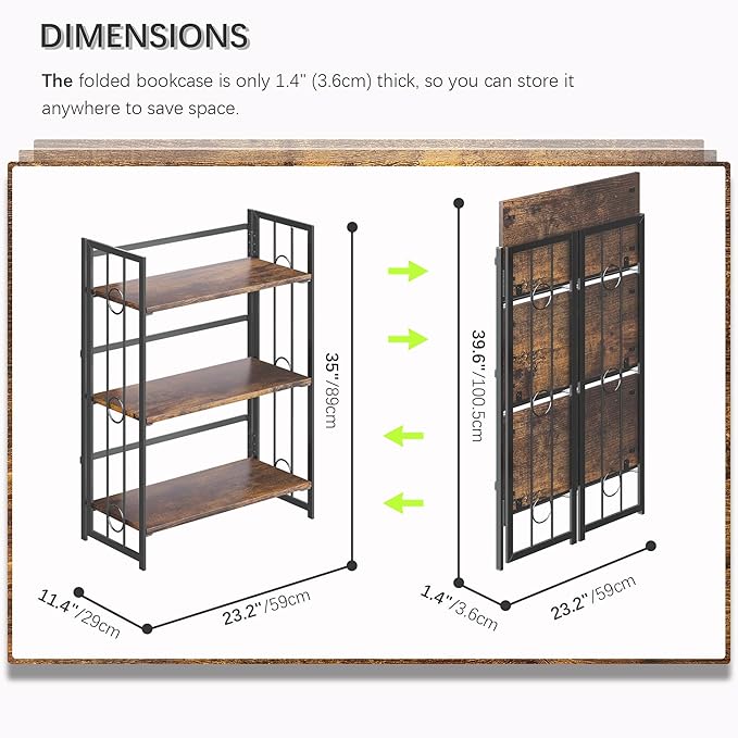 4NM No Assembly 3 Tiers Folding Bookshelf, 35" H Foldable Storage Shelves Vintage Bookcase Standing Racks Study Organizer Home Office - Rustic Brown Black-CasaMuseHome