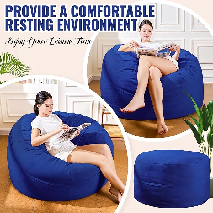 4FT Bean Bag Chair: Bean Bag with Velvet Cover, Fluffy and Comfy Bean Bag Chairs for Adults and Kids, Bean Bag Sofa Filled with High-Density Sponge for Gaming (Blue)-CasaMuseHome
