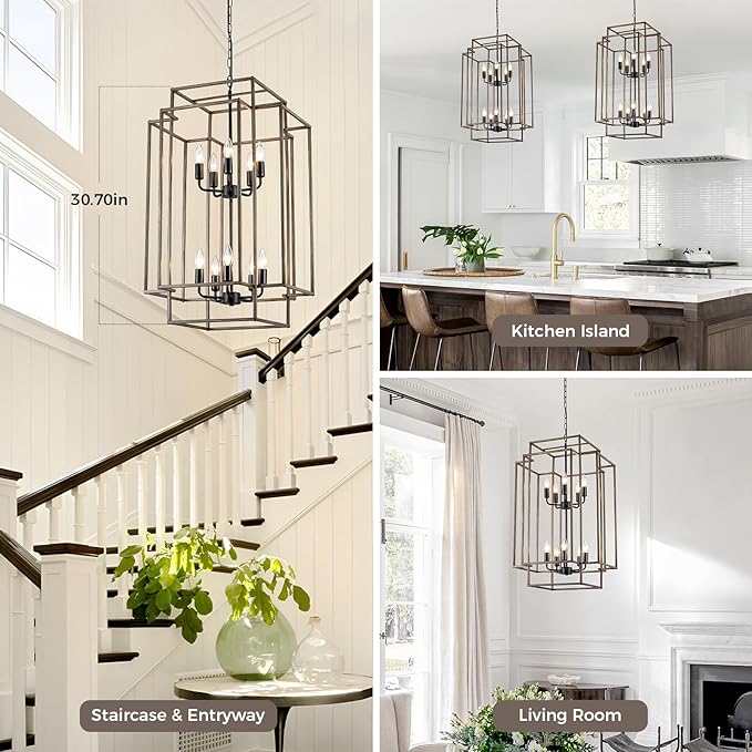 30" Black Farmhouse Chandelier, 10-Light Foyer Lighting Fixtures, Lantern Tiered Pendant Light Fixtures, Metal Wood Grain Finish Rustic High Ceiling Chandelier for Dining Room Entryway Staircase-CasaMuseHome