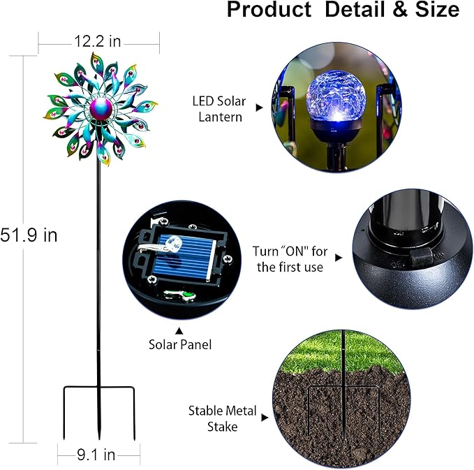 51.9" Peacock Solar Wind Spinner Outdoor Decor – Waterproof LED Lighted Garden Art with Adjustable Metal Pole, IP65 Weather Resistant for Yard, Patio-CasaMuseHome