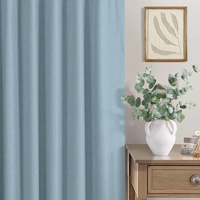 100% Blackout Curtains 90 Inches Long for Living Room 2 Panels Set Light Blocking Heat Darkening Energy Saving Curtain Window Coverings Coastal Beach Linen Farmhouse Drapes Bedroom Stone Blue Chambray-CasaMuseHome