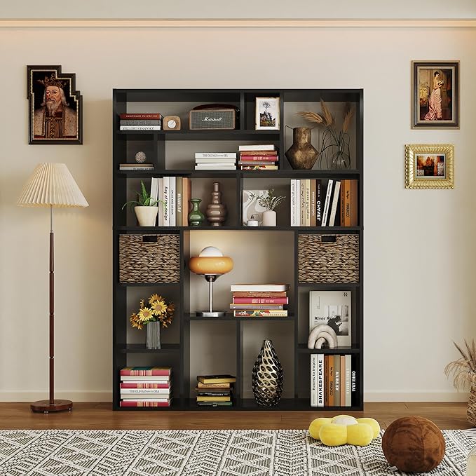 71” Tall Open Black Bookcase with Baskets, Free-Standing 6-Tier Wooden Display Storage Bookshelves with 16 Irregular Cubes for Living Room, Home Decor-CasaMuseHome