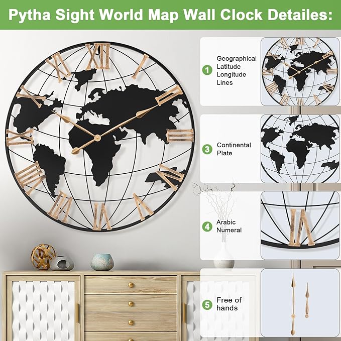 36 Inch Extra Giant Oversized Black Metal Wall Clock,Large Modern Decorative Silent World Map Wall Clock with Vintage Gold Roman Numeral for Living Room,Entrance Fireplace,Dining Room Decor-CasaMuseHome