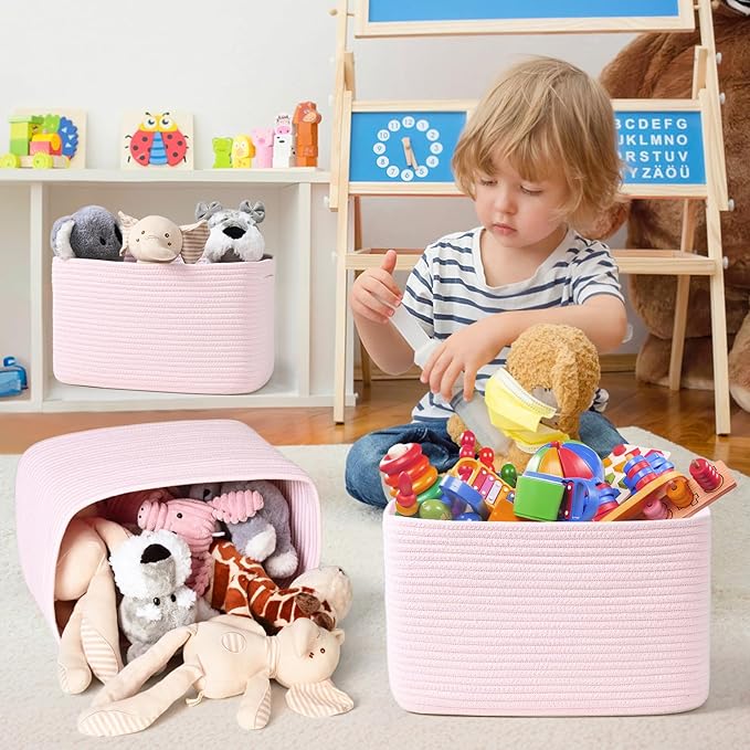 3-Pack Shelf Baskets for Organizing, Woven Storage Basket for Shelves, Cotton Rope Storage Bins for Toys Books, Nursery Towel Baskets for Classroom, 14.96"X9.8"X8.85", Pink-CasaMuseHome