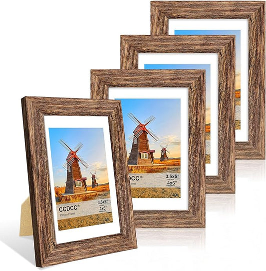 4x6 Picture Frame Set of 4, 4 x 6 Wood Photo Frames with Mat for 3.5x5, Natural Wooden Frame with Real Glass Cover for Wall and Tabletop Display,Rustic Brown-CasaMuseHome