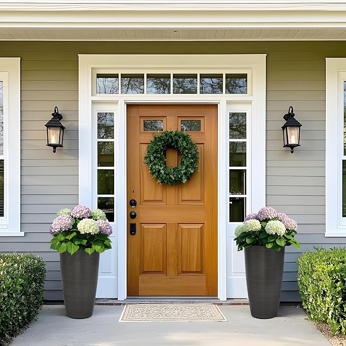 22.8" Resin Planters for Outdoor Plants, Set of 2 Modern Large Flower Pots with Handmade Brushed Metal Finish, Weather Resistant for Indoor/Outdoor Year-Round Use-CasaMuseHome