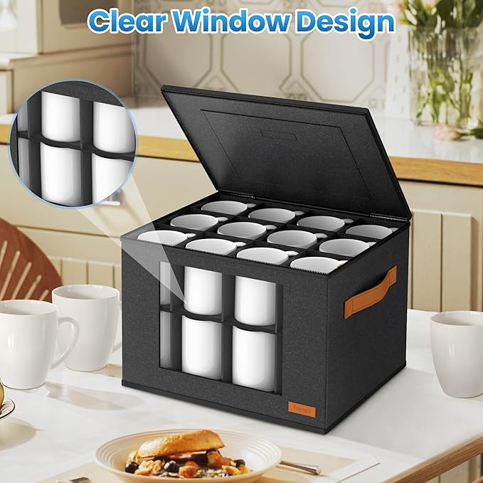 2-Layer Coffee Mug Storage Box with Dividers, Coffee Cup Storage Organizer with Zipper Lid and Handles, Stackable Mug and Cup organizer Service for 24 Coffee Mugs, Cups and Glasses, Dark Grey-CasaMuseHome