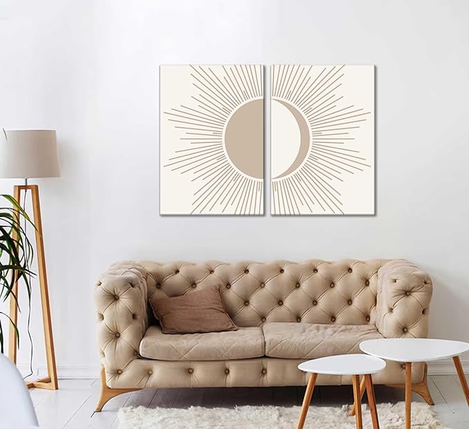 2Pcs Minimalism Boho Canvas Wall art Mid Century Modern Beige and White Sun and Moon Geometric Abstract Painting Pictures Wall Decor Posters Print Artwork for Bedroom Living Room Decoration-CasaMuseHome