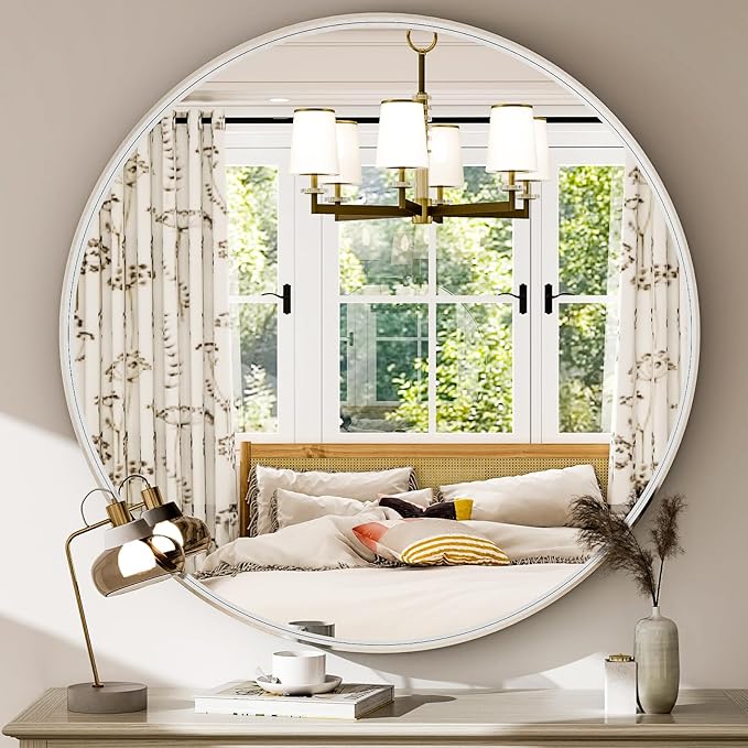 30 Inch Round Bathroom Mirror - Wall Mounted Circle Mirror with Metal Frame, Modern Mirror Suitable for Bathroom, Vanity, Entryway, Living Room, Wall Decor,Silver-CasaMuseHome