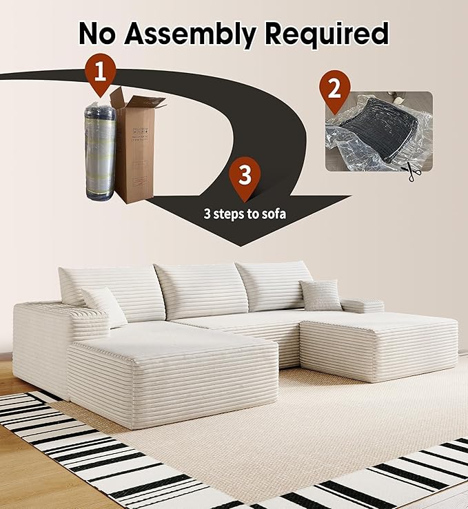 108" Sectional Couches for Living Room Modern Modular Sofa with L-Shape Couchs Upholstered Boneless Couch Deep Seat Sectional Couch with Chaise (White, Left Facing Chaise+2Seaters+1Ottoman)-CasaMuseHome