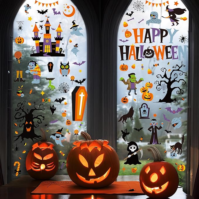 115PCS Halloween Window Clings, 9 Sheets Halloween Decorations, Cute Witch Tree Zombie Ghost Patterns PVC Window Stickers for Treat or Trick Party Favors Decal Supplies Decor Accessories-CasaMuseHome