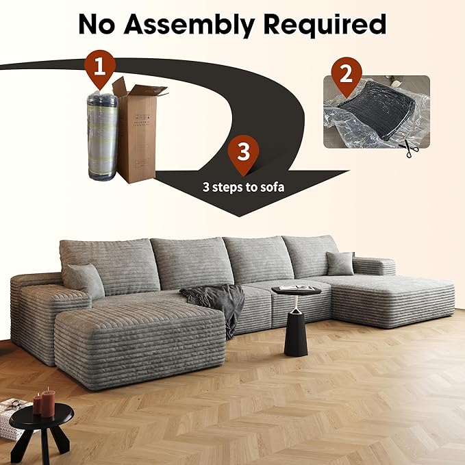 136" Sectional Couches for Living Room Modern Modular Sofa with L-Shape Couchs Upholstered Boneless Couch Deep Seat Sectional Couch with Chaise (Grey, Right Facing Chaise+3Seaters+Ottoman)-CasaMuseHome