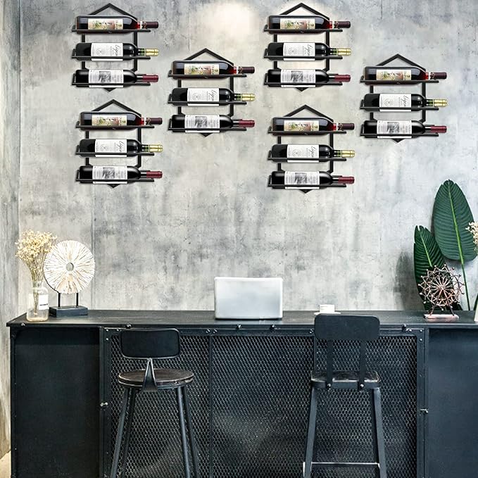 2Pcs Wall Mounted Wine Stemware Rack, Metal Hanging Wine Glass Display Holde Holds 3 Bottles, Elegant Storage for Kitchen Dining Room Bar Wine Cellar-CasaMuseHome