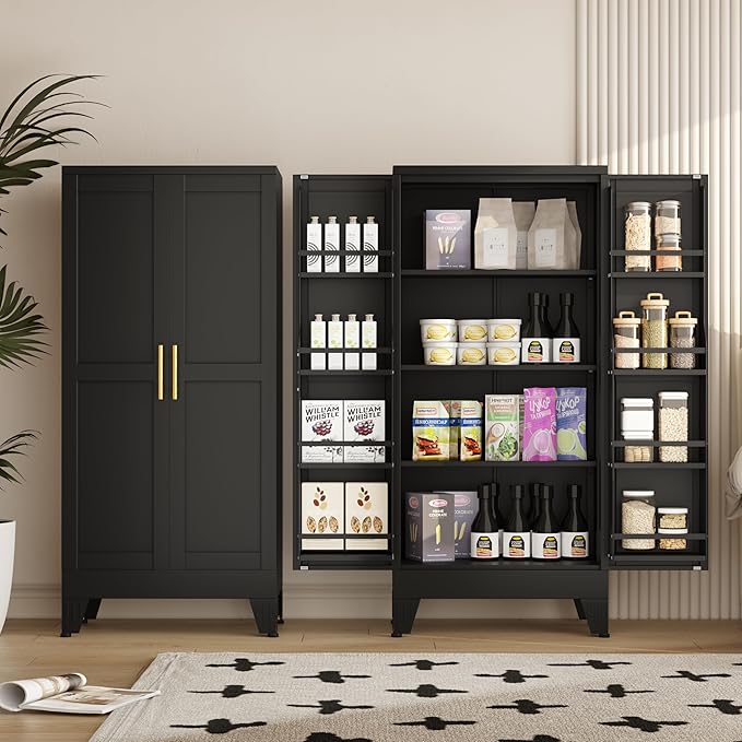51" Metal Kitchen Pantry Cabinet, Storage Cabinets with 2 Door and 3 Adjustable Shelves, Black Freestanding Food Storage Cabinet, Steel Cupboard for Kitchen Dinning Room-CasaMuseHome