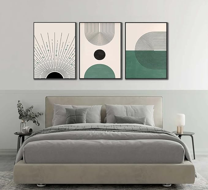 3 Pcs Sage Green Boho Canvas Wall Art Modern Abstract Minimalist Neutral Bohemian Sun Geometric Line Painting Picture Wall Decor Poster Print Artwork for Living Room Bedroom Home Decoration Unframed-CasaMuseHome