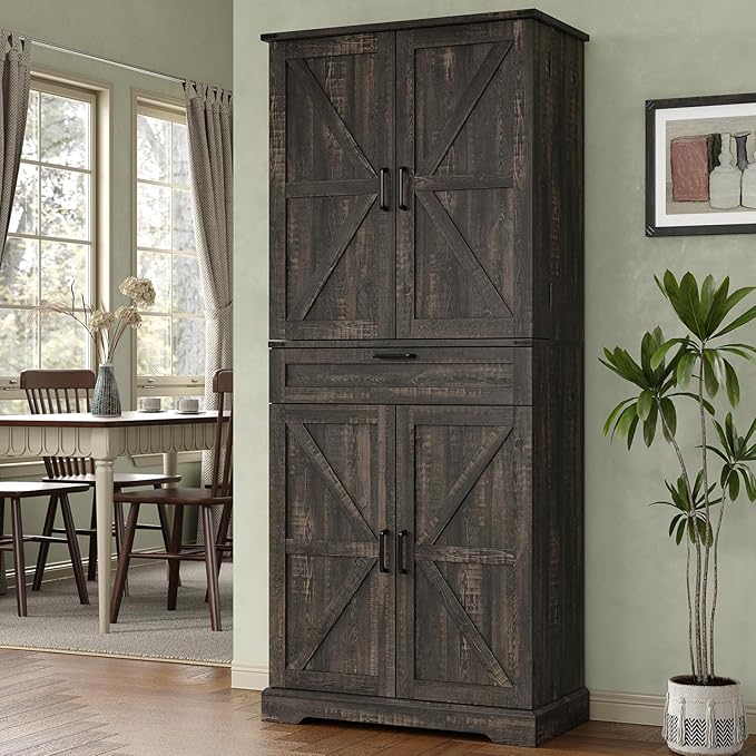 72'' Kitchen Storage Pantry Cabinet, Tall Storage Cabinet with 8 Door Shelves, 2 Cabinets and 1 Drawer, Freestanding Cupboard for Kitchen, Dining Room, Bathroom, Laundry, Living Room, Dark Rustic Oak-CasaMuseHome
