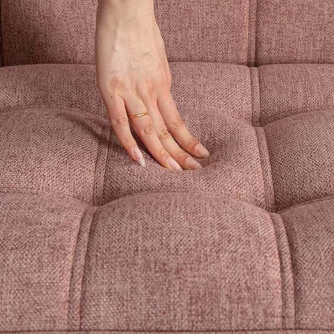 48" Small Loveseat Sofa, Modern Linen Fabric Mini Sofa Couch 2-Seater Love Seat with Quilting Backs and Wood Legs for Living Room, Bedroom and Small Space, Pink-CasaMuseHome