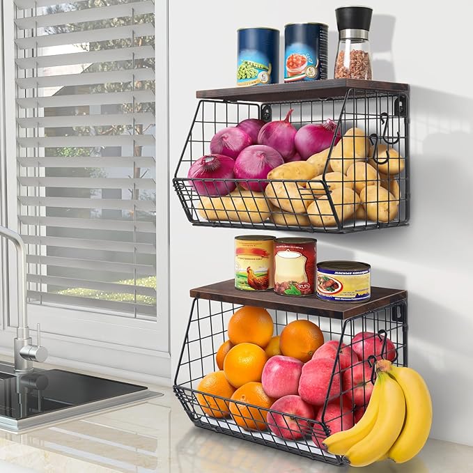 2pcs Fruit Basket Kitchen Storage Basket with Wood Lid, Stackable Wall Basket Fruit Basket for Kitchen, Countertop Organizer for Snack, Fruit and Veggie Storage, 11.8 x 7.9 x 8.5 Inch-CasaMuseHome