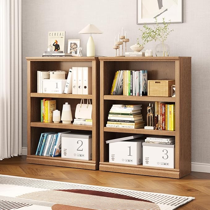 43 in Tall Bookcase, 3-Tier Bookshelf Open Storage, 33 inch Wide Floor Standing Indoor Furniture, Book Cases for Home School Library Office Bedroom Kids, Oak 3 Tiers-CasaMuseHome