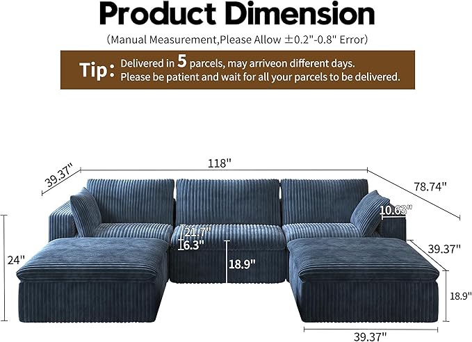 118" U Shaped Modern Sofa Modular Sectional Cloud Couch with 2 Ottoman,Upholstered Couches with Plush Corduroy Fabric for Living Room Furniture,Bedroom and Apartment,No Assembly Required,Blue-CasaMuseHome