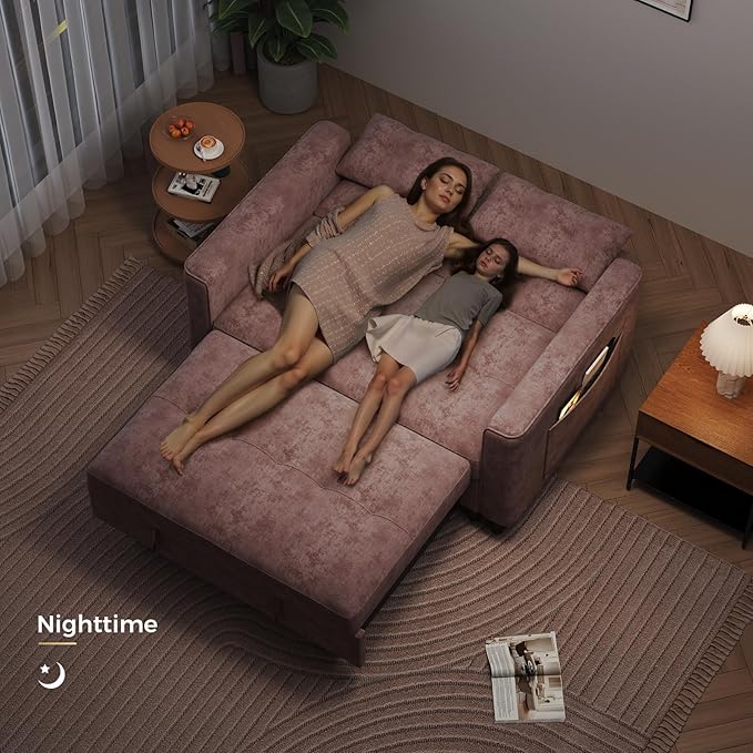 3 in 1 Convertible Sleeper Sofa Bed, Pull Out Couch Bed with Adjustable Backrest, Chenille Loveseat Couches with Side Pocket for Living Room, Bedroom (Pink)-CasaMuseHome