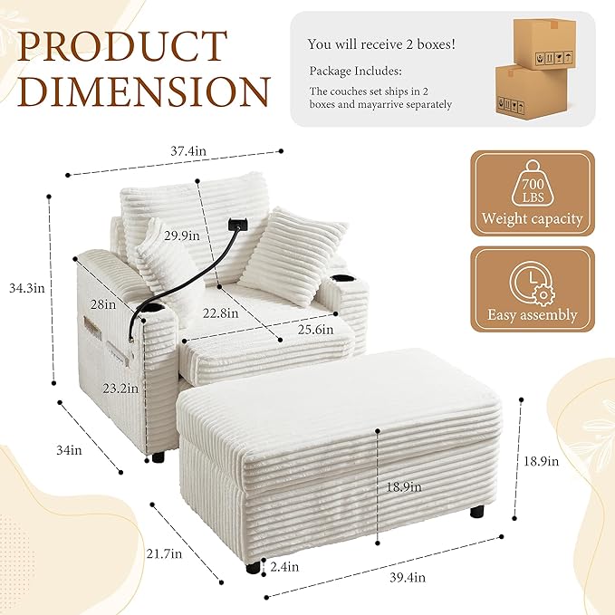 Accent Chair with Storage Ottoman Upholstered Living Room Chairs for Reading Chair with Chaise Lounge Chairs Indoor, Comfortable Armchair for Bedroom-CasaMuseHome