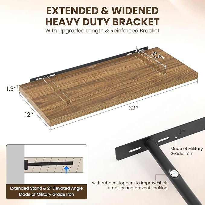 32" Floating Shelves for Wall, 12" Deep Slim Walnut Floating Shelves, Wall-Mounted Shelves for Bedroom, Living Room, Kitchen, Bathroom - Set of 2-CasaMuseHome