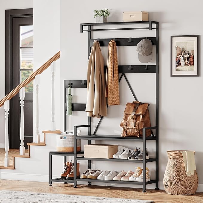 IDEALHOUSE Parent-Child Coat Rack Shoe Bench Hall Tree with Bench and Shoe Storage Industrial Coat Tree Entryway Large Organizer with Shoe Rack, Storage Cubbies, Hooks, and Top Shelf-CasaMuseHome