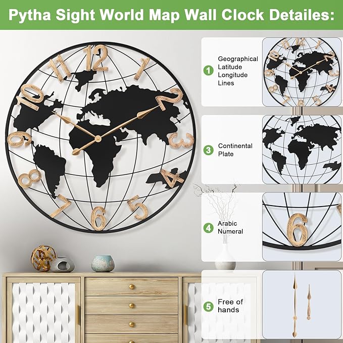 36 Inch Extra Giant Oversized Black Metal Wall Clock,Large Modern Decorative Silent World Map Wall Clock with Vintage Gold Arabic Numeral for Living Room,Entrance Fireplace,Dining Room Decor-CasaMuseHome