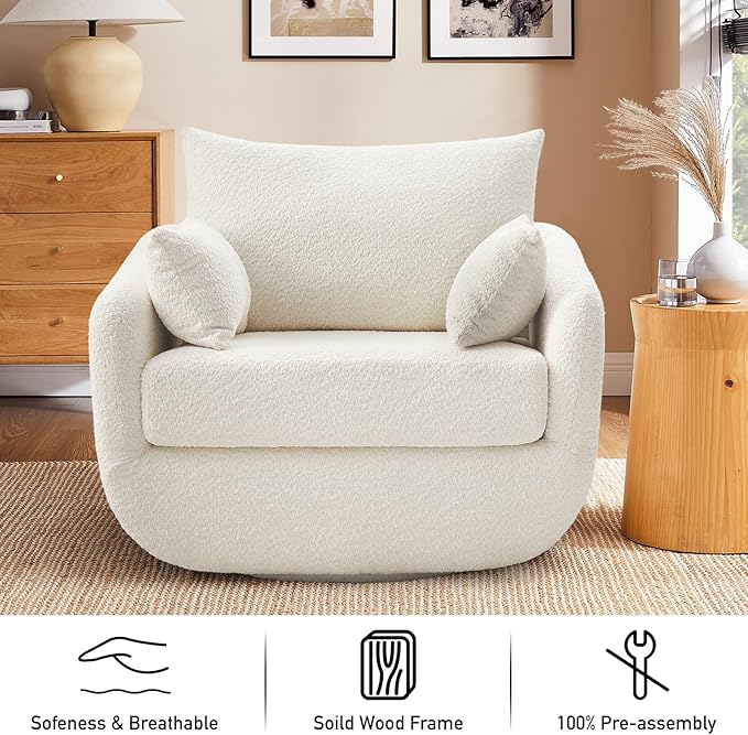 360° Swivel Accent Armchair Set of 2, 39.3" Oversized, Sherpa Boucle Fabric Sofa Chair with Removable Back & Arm Pillows, Swivel Chairs with Cozy Soft Padded, No Assembly Required, White-CasaMuseHome