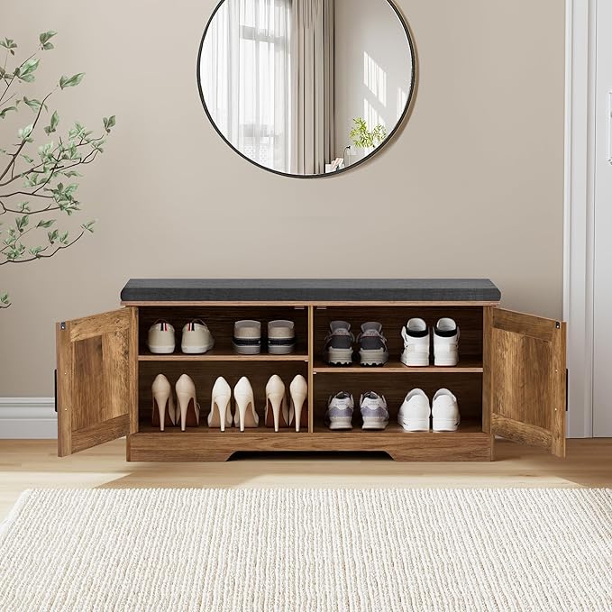 2-Tier Storage Bench, Shoe Bench with Padded Seat Cushion, Entryway Bench with 2 Barn Doors, Adjustable Shelf, 13.8" D x 39.4" W x 17.7" H, for Entryway, Living Room, Bedroom, Rustic Walnut-CasaMuseHome