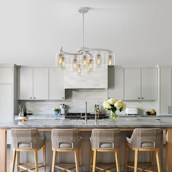 9-Light Antique White Chandelier with Clear Glass Shade, French Country Chandeliers for Dining Room, Adjustable Height Hanging Chandelier for Kitchen Island Living Room Foyer Bedroom-CasaMuseHome