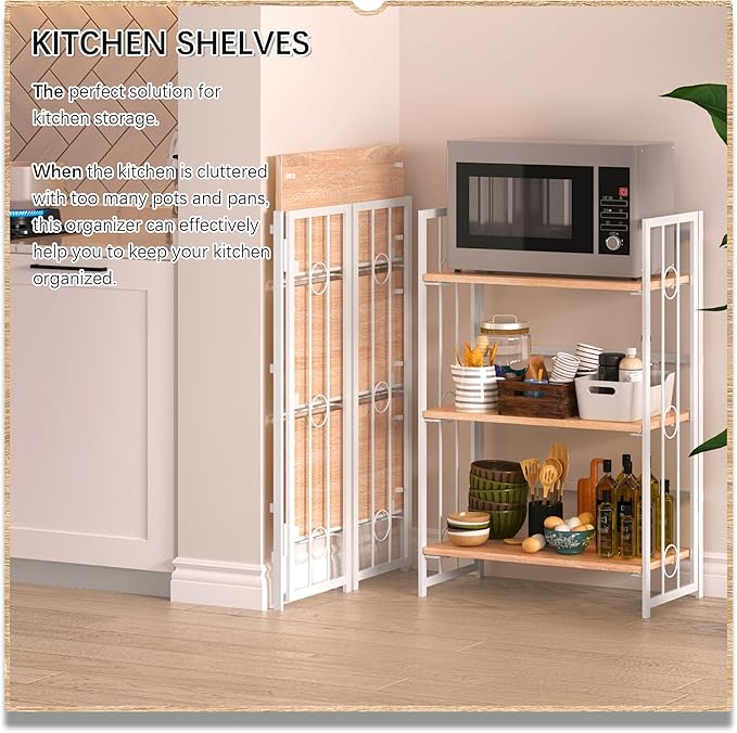 4NM No Assembly 3 Tiers Folding Bookshelf, 35" H Foldable Storage Shelves Vintage Bookcase Standing Racks Study Organizer Home Office - Natural White-CasaMuseHome