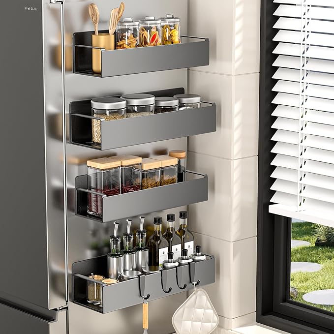 4 Pack Magnetic Spice Rack for Refrigerator, Black Magnetic Shelf for Kitchen Organizer and Storage, Mini Organizers for Oven and Fridge with 4 Hooks-CasaMuseHome