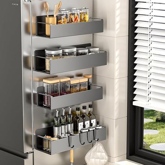 4 Pack Magnetic Spice Rack for Refrigerator, Black Magnetic Shelf for Kitchen Organizer and Storage, Mini Organizers for Oven and Fridge with 4 Hooks-CasaMuseHome