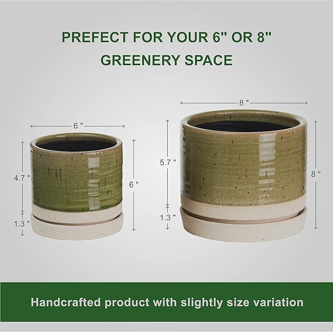 6 + 8 Inch Plant Pots, Ceramic Planter Pot with Drainage Hole & Saucer, Indoor/Outdoor Cylinder Round Planter Pot, Green-CasaMuseHome