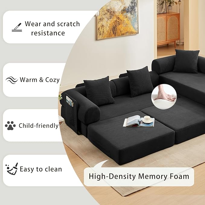 107" Oversized Convertible Sleeper Sofa Bed, Corduroy L Shape Sectional Couch, Folding Sofa Bed with Side Pocket, Modern Cloud Floor Mattress Couch, Modular Sofa for Living Room, Black-CasaMuseHome