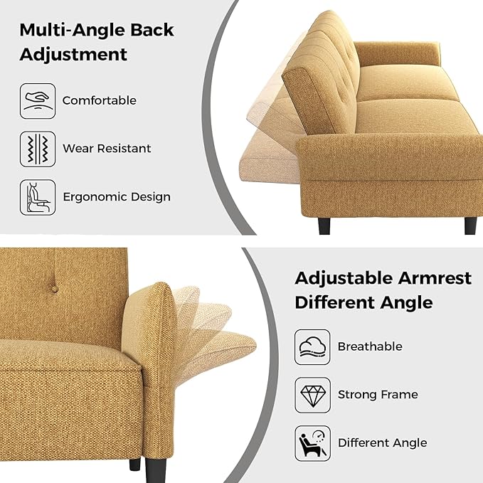 89” Futon Sofa Bed, Linen Comfy Futon Couch Bed with 2 Square Pillows, Convertible Sleeper Sofa with Adjustable Backrest& Armrests, Modern Loveseat Sleeper for Living Room, Bedroom, Yellow-CasaMuseHome