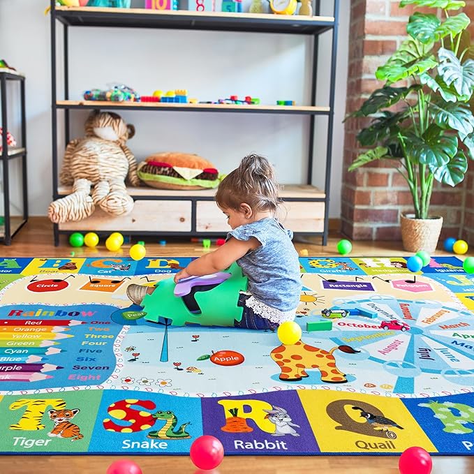 4x6 Playroom Rugs for Kids Washable, Educational and Fun Playmat with ABC Alphabet Animals Shapes Colors, Non-Slip Play Mat Learning Rugs for Baby Toddler Children Game Activity, Blue-CasaMuseHome