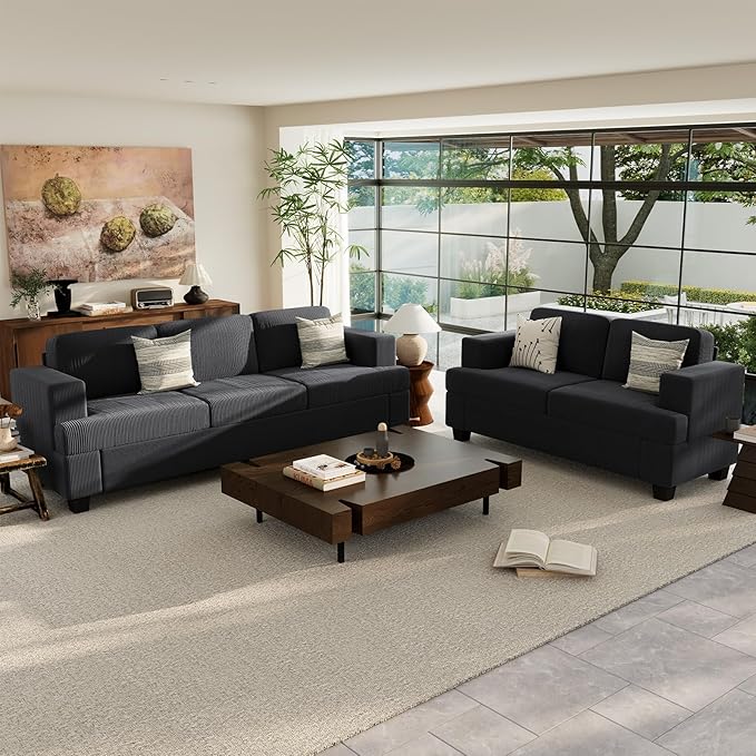 2 Pieces Corduroy Couch Set for Living Room, Black Cloud Sofa, Deep Seat Floor Couch for Bedroom, Futon Modern Sofa Sectional Bed, Black Corduroy-CasaMuseHome