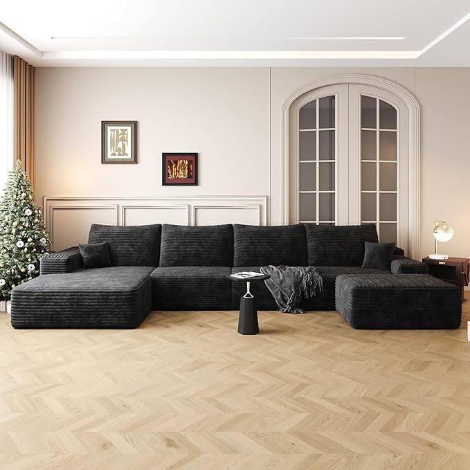 136" Sectional Couches for Living Room Modern Modular Sofa with L-Shape Couchs Upholstered Boneless Couch Deep Seat Sectional Couch with Chaise (Black, Left Facing Chaise+3Seaters+Ottoman)-CasaMuseHome