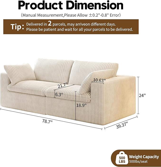 78.74" LoveSeat Cloud Sofa,Modular Sectional Couch,Modern Deep Seat Upholstered Couches with Plush Corduroy Fabric for Living Room Furniture,Bedroom and Apartment,No Assembly Required,White-CasaMuseHome